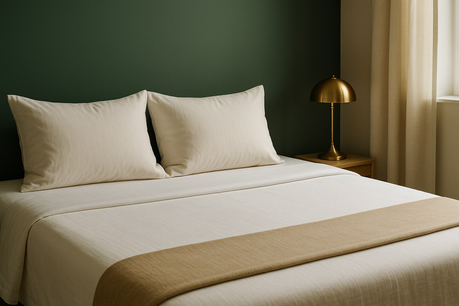 Cama arrumada com lençol branco liso e manta cor de areia