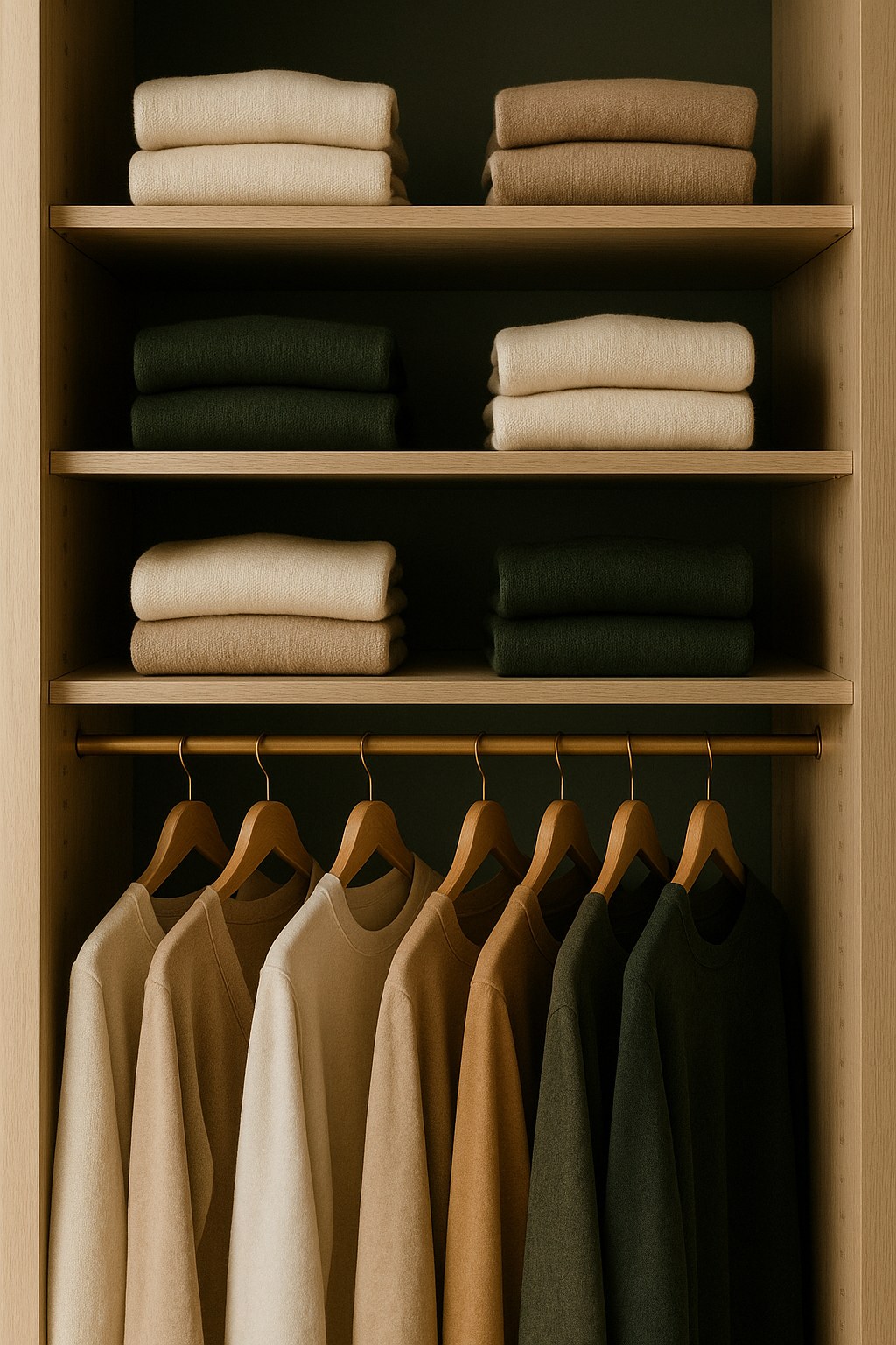 Closet organizado com roupas dobradas em tons de marfim, areia e verde