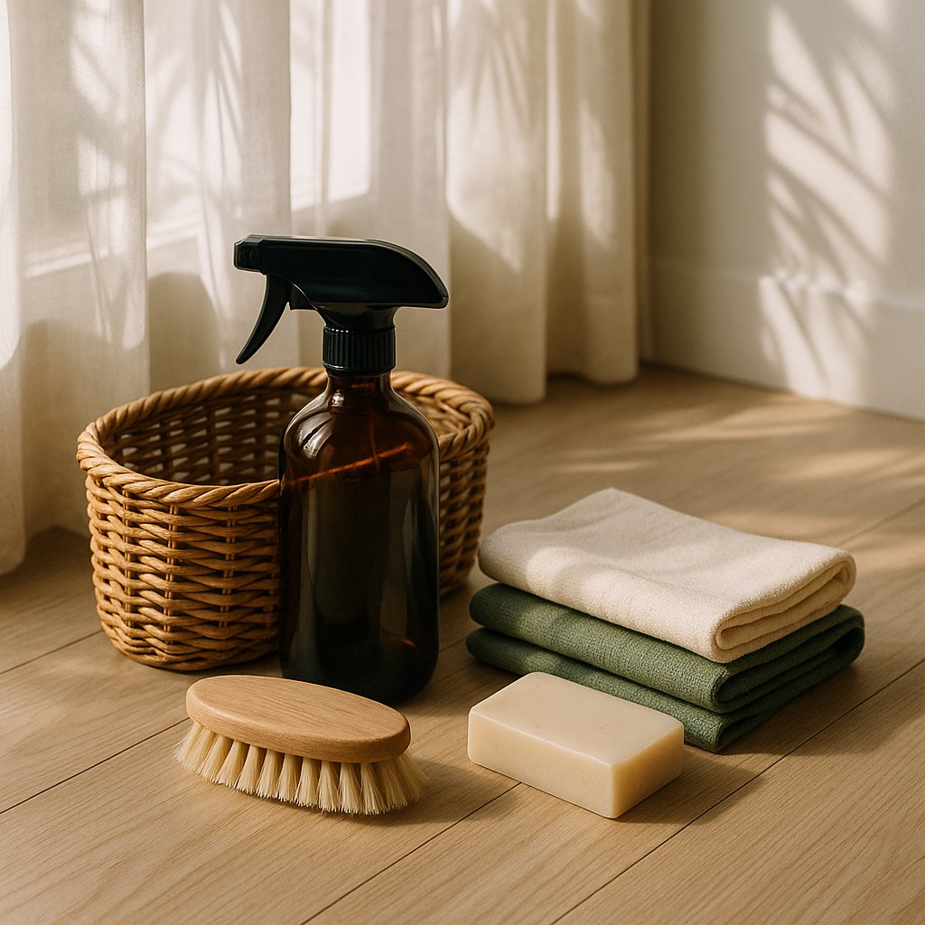 Kit de limpeza natural com cesto de vime, borrifador de vidro âmbar, escova de madeira e panos dobrados