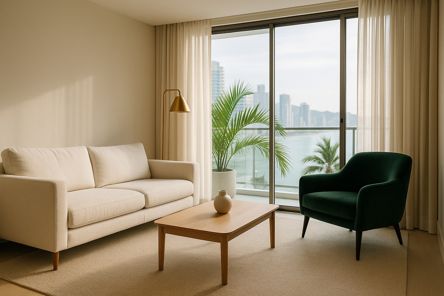 Sala de apartamento impecável com sofá claro, poltrona verde e vista para a orla